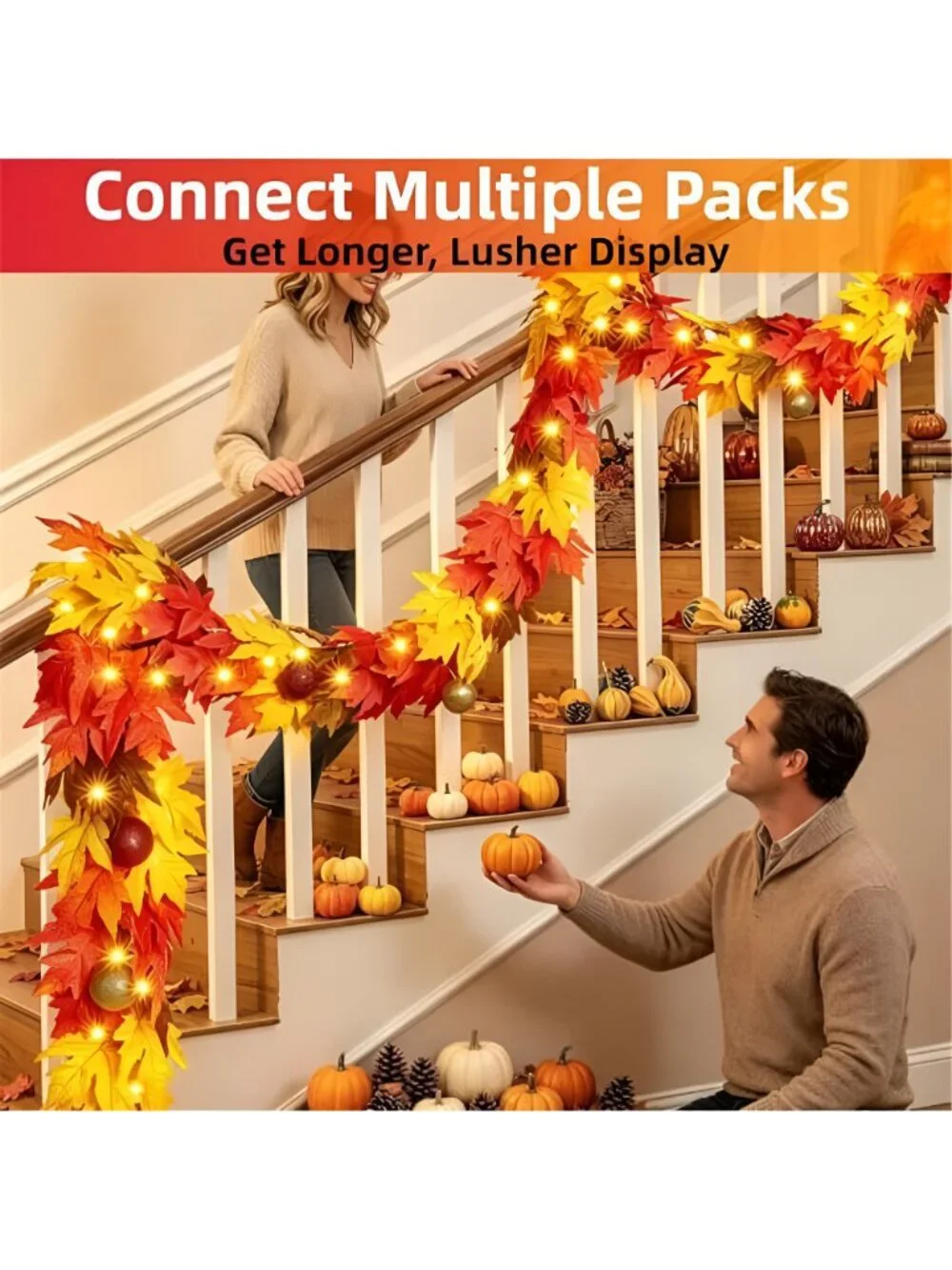 Fall Garland with Lights 9Ft Large Leaves Fall Decor Halloween Decorations